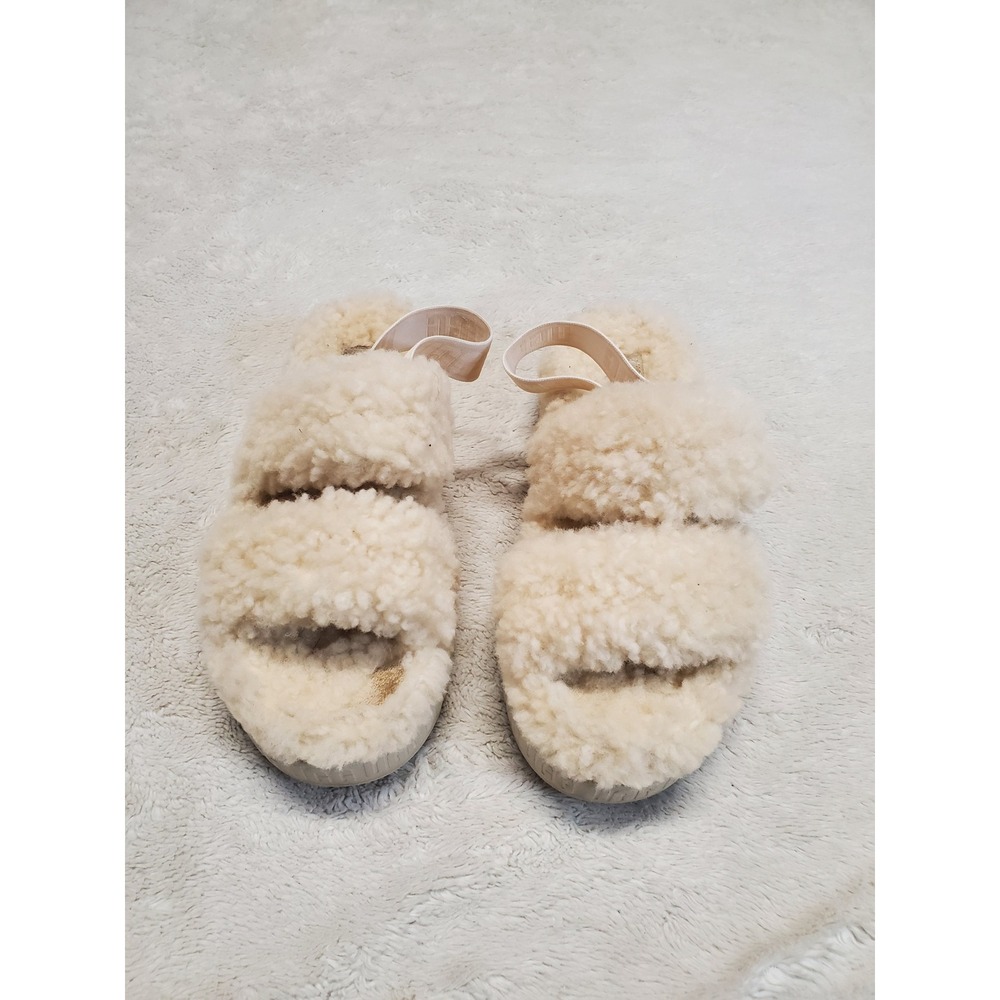 Ugg Cream Fluffita Slip On Slingback Platform Slides‎ Shoes 9 Cozy Fuzzy Winter